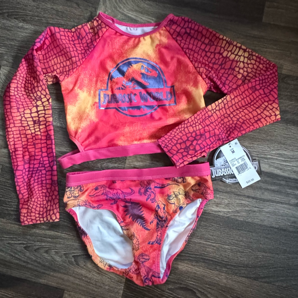 Jurassic World Girls' Pink Orange Long-Sleeve Rash Guard Bikini Set
